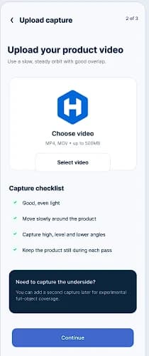 HolosView app screen: 2. Upload your video